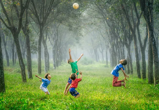 Children leap and play with a ball together in a misty, tree-lined park.